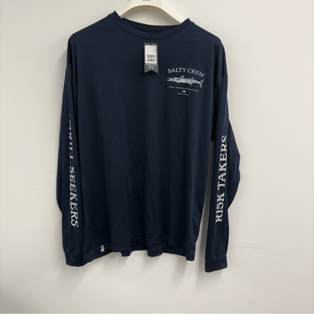 Salty Crew Men’s Long Sleeve Graphic Tee Navy Blue Fish Print NWT Size L